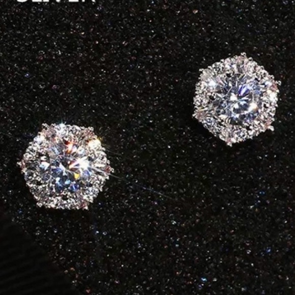 Silver Diamond Stud Earrings - Picture 2 of 5